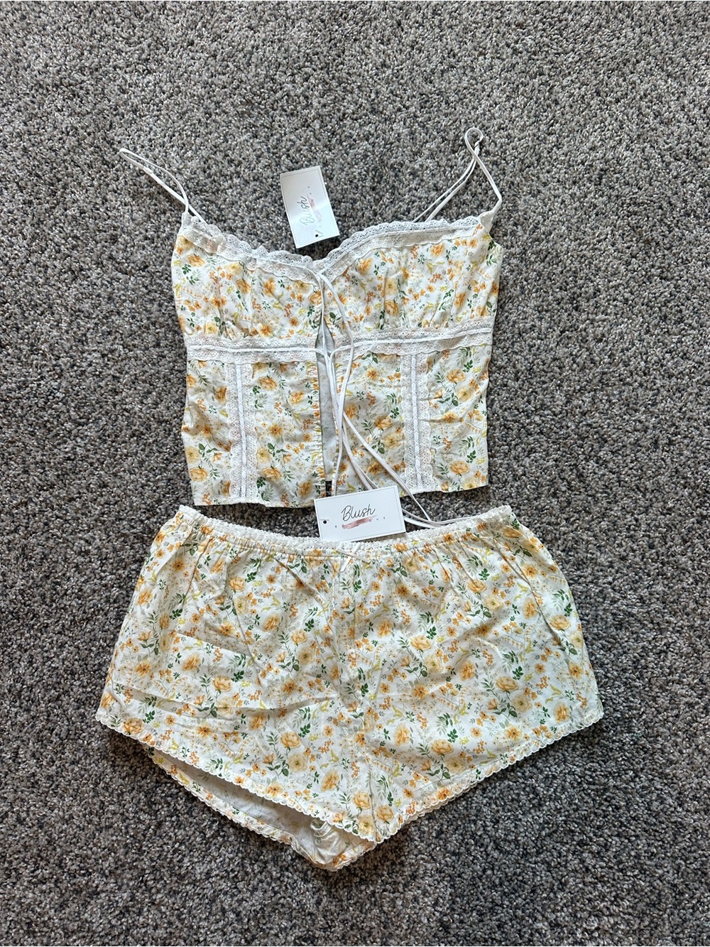 Blush Yellow Floral Lace-Trim Cami & Shorts Sleep Set